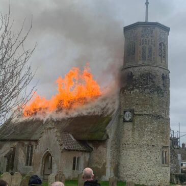 Disastrous fire at Norfolk medieval church leaves round tower standing in the ruins